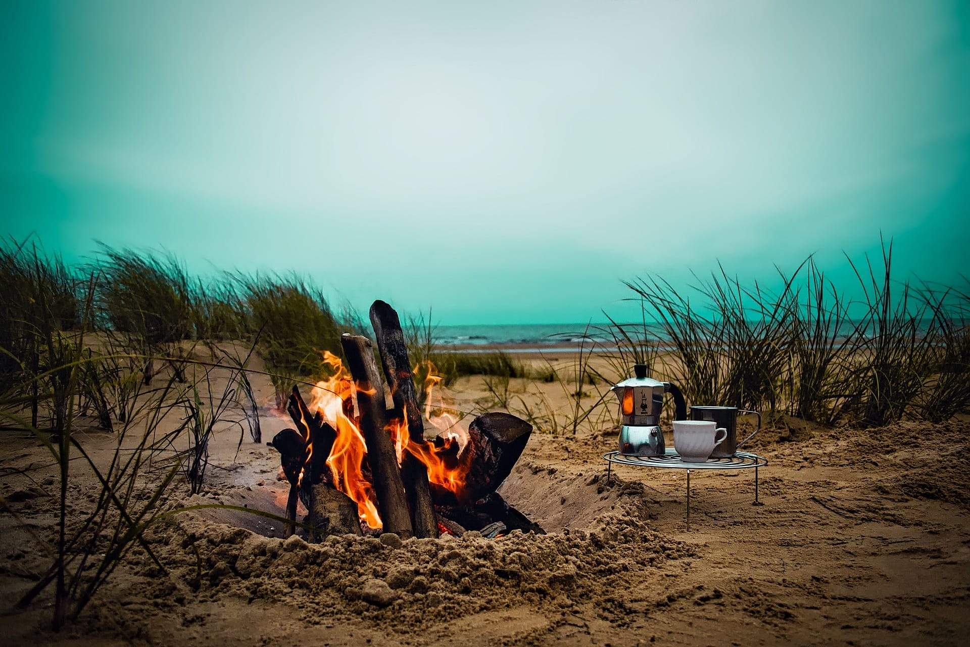 A campfire on the sandy beach near the ocean, perfect for an idyllic getaway.