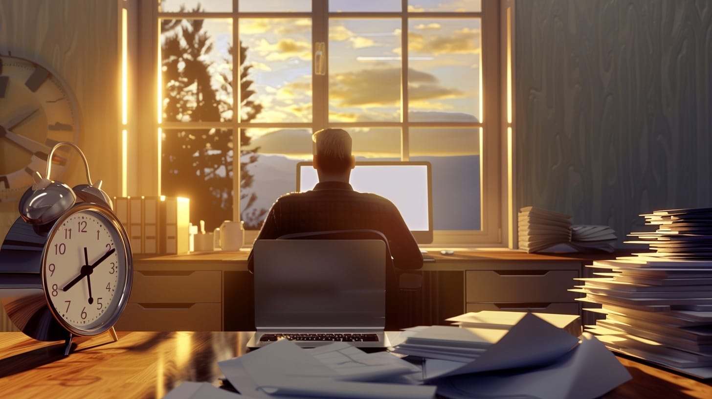 A man sits at a desk in front of a window, pondering the advantages and disadvantages of SEO.