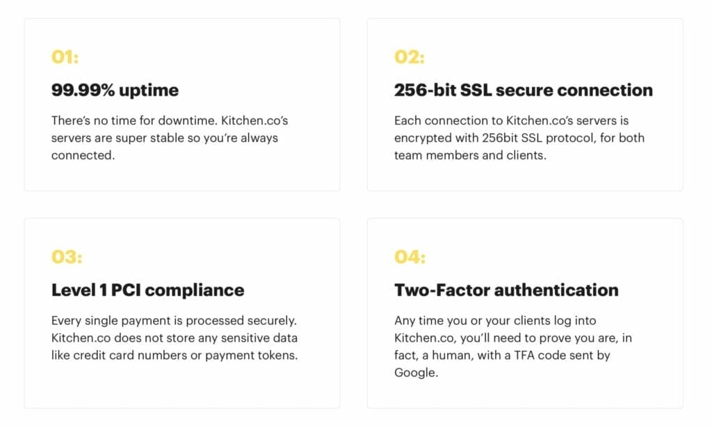 Four different types of security offerings by Kitchen.co for secure client access.